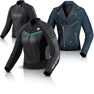 Tre eleganti giacche da moto in pelle per donna, in nero e blu scuro, alcune con taglio sportivo.